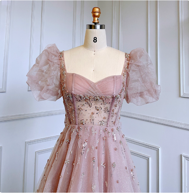 Princess Dreamy Pink A-Line Square Neck Puff Sleeve Beaded Tulle Long Formal Prom Dress Secondary image