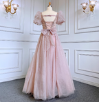 Princess Dreamy Pink A-Line Square Neck Puff Sleeve Beaded Tulle Long Formal Prom Dress
