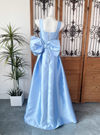 Princess Elegant Blue Square Neck Bow Satin Long Formal Prom Dress