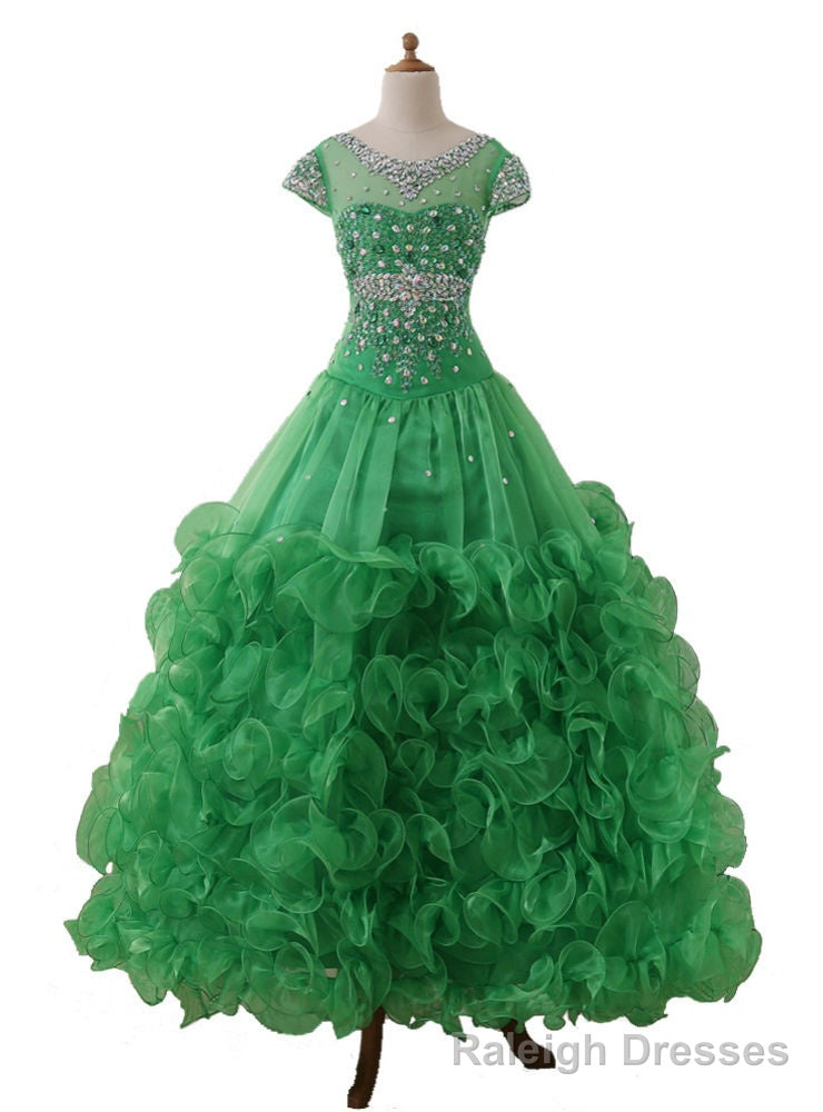 Princess Green Child Pageant Prom Dress Beaded Cap Sleeve Kids Flower