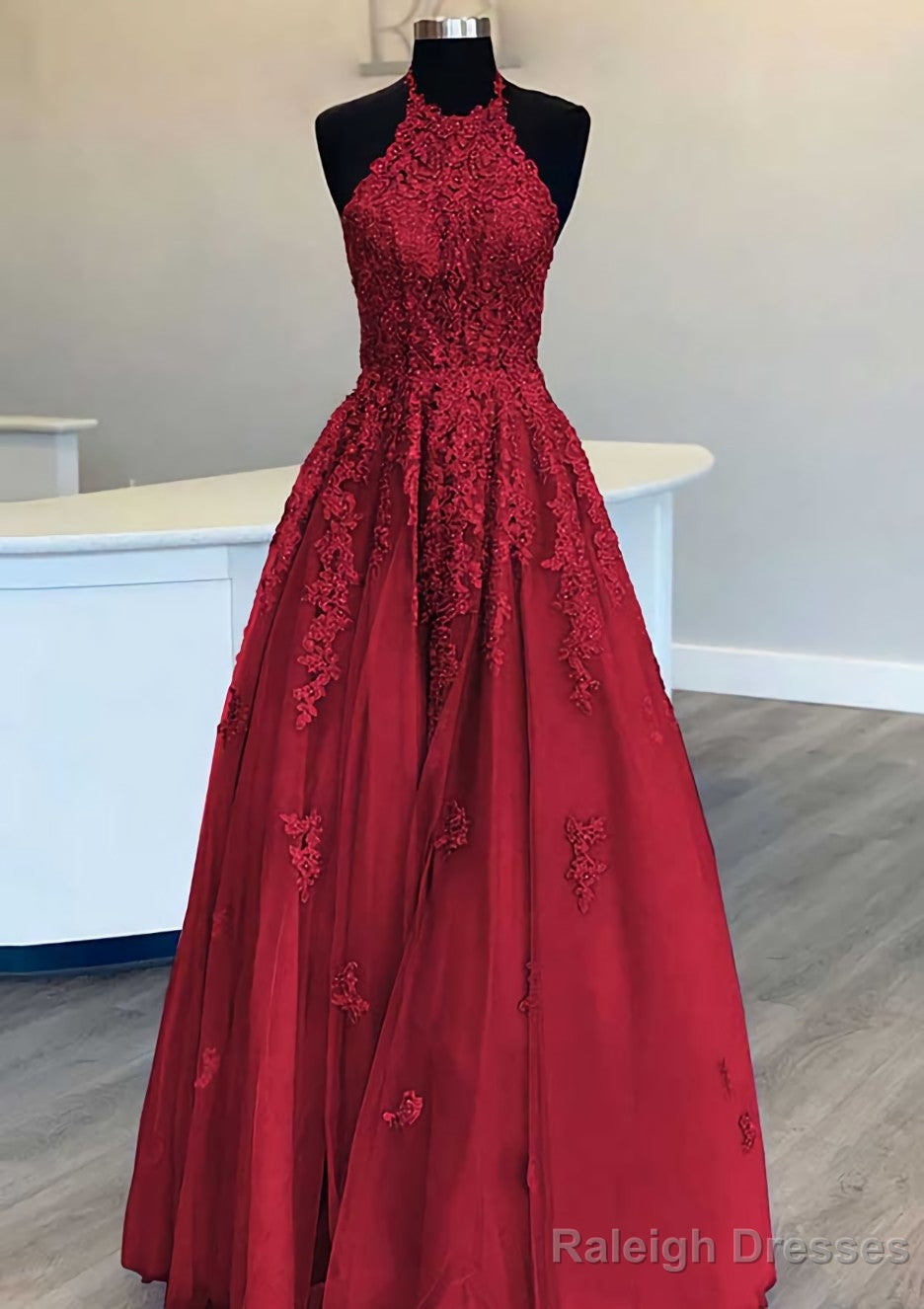 Princess Halter Long Dress Floor Length Lace Tulle Prom Dress With Appliqued Beading