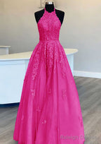 Princess Halter Long Dress Floor Length Lace Tulle Prom Dress With Appliqued Beading