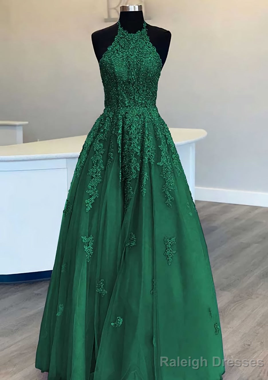Princess Halter Long Dress Floor Length Lace Tulle Prom Dress With Appliqued Beading