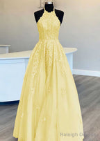 Princess Halter Long Dress Floor Length Lace Tulle Prom Dress With Appliqued Beading