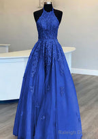 Princess Halter Long Dress Floor Length Lace Tulle Prom Dress With Appliqued Beading