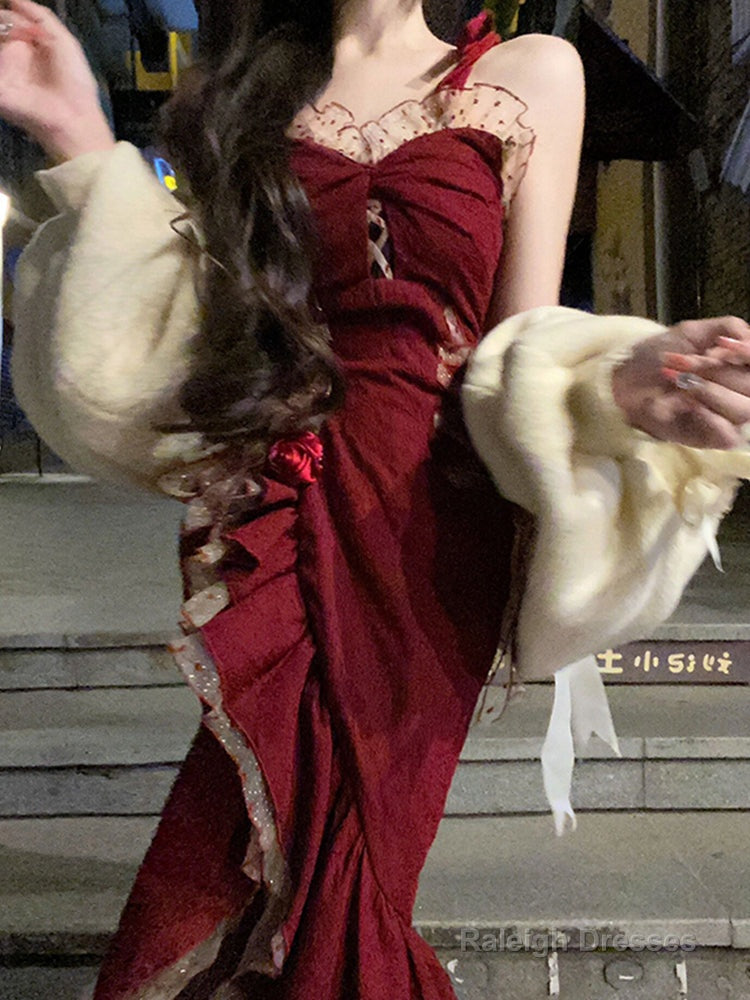 Princess High Low Spaghetti Straps Lolita Dress Christmas Dress Burgundy Birthday Dresses