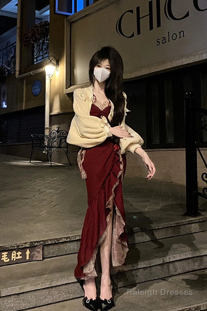 Princess High Low Spaghetti Straps Lolita Dress Christmas Dress Burgundy Birthday Dresses