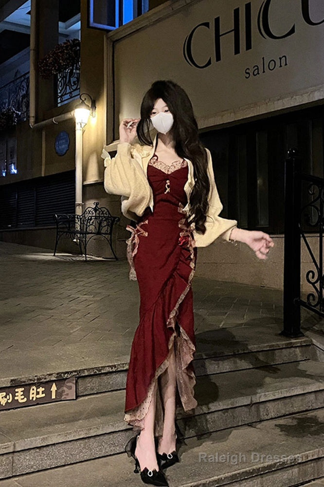 Princess High Low Spaghetti Straps Lolita Dress Christmas Dress Burgundy Birthday Dresses