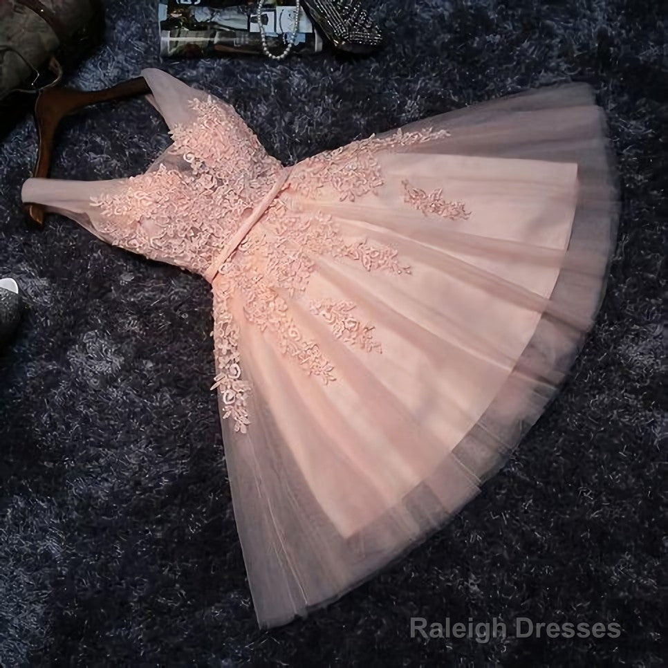 Princess Lace Appliqued Tulle Homecoming Dress, Blush Pink Short Bridesmaid Dresses, Short Homecoming Dress Main image