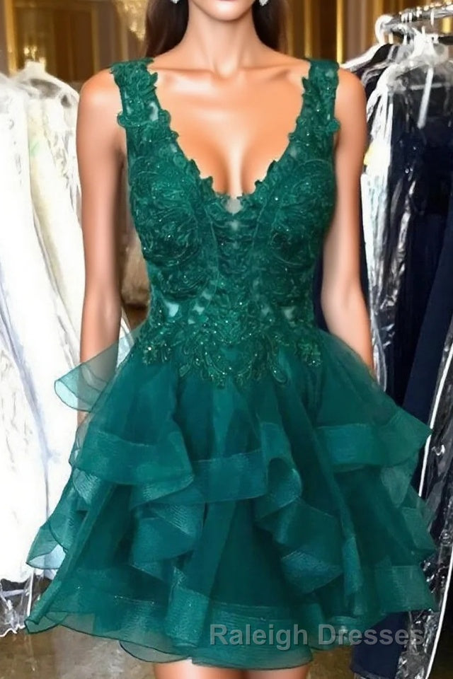 Princess Lace Appliques Dark Green Homecoming Dress with Flounced,Short Prom Dresses