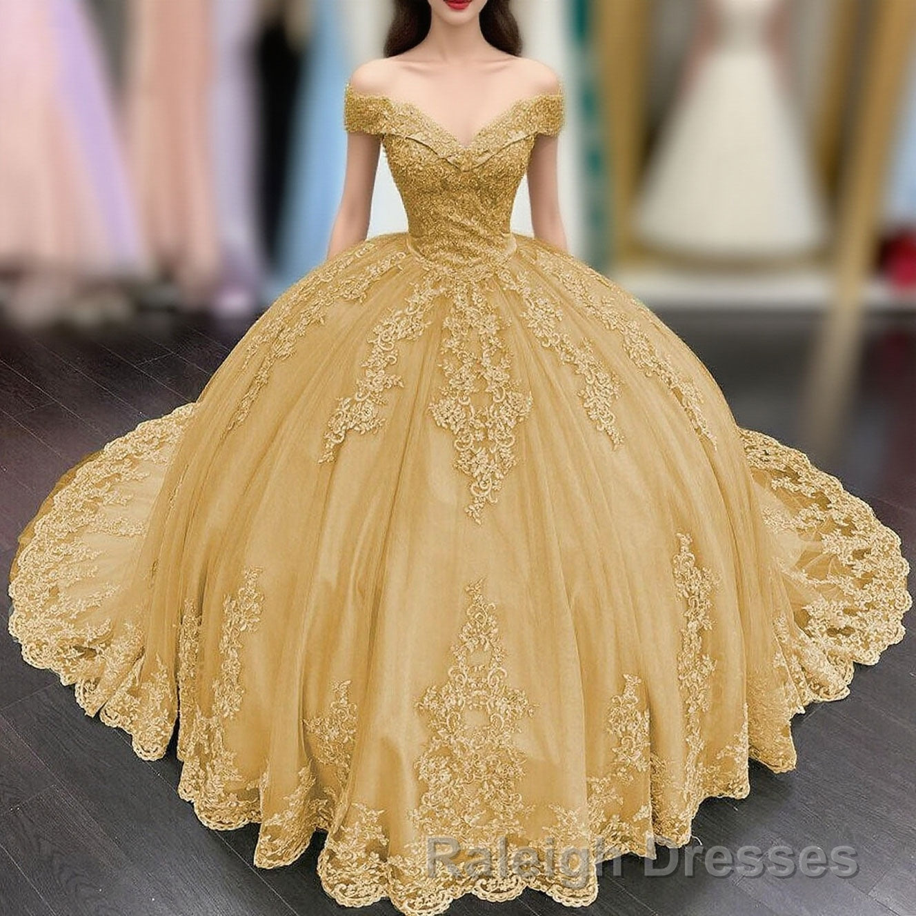 Princess Lace Off Shoulder Gold Quinceanera Dresses Applique With Bow Main image