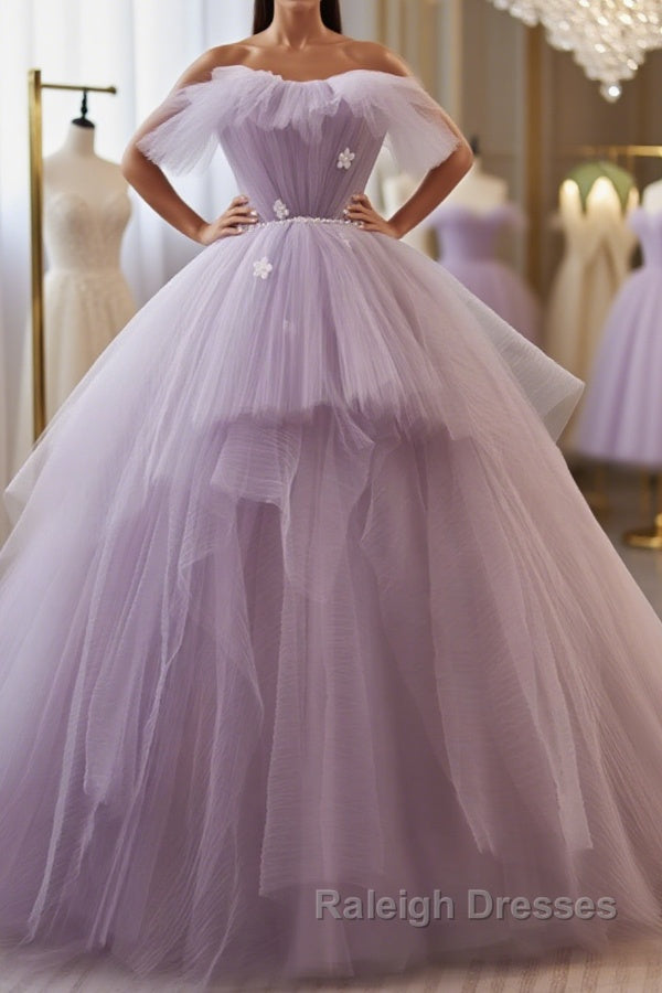Princess Lavender Tulle Floral Long Prom Dress, Lavender Formal Evening Dress, Purple Ball Gown Main image