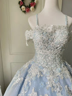 Princess Light Blue Lace Tulle Ball Gown Prom Dress Sweet 16Th Dress