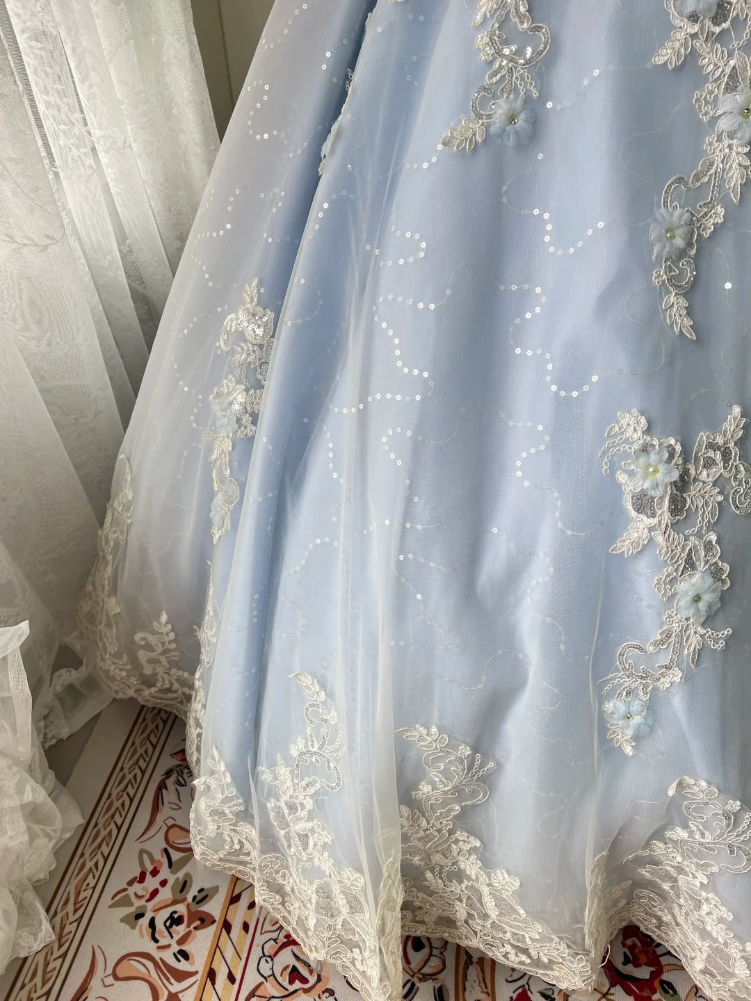Princess Light Blue Lace Tulle Ball Gown Prom Dress Sweet 16Th Dress