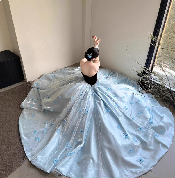 Princess Light Blue Sweetheart Neck 3D Butterfly Embellished Tulle Satin Long Formal Prom Dress
