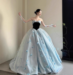 Princess Light Blue Sweetheart Neck 3D Butterfly Embellished Tulle Satin Long Formal Prom Dress