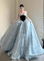 Princess Light Blue Sweetheart Neck 3D Butterfly Embellished Tulle Satin Long Formal Prom Dress