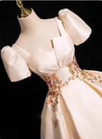 Princess Light Champagne Short-Sleeve Floral Embroidered Ball Gown Prom Dress