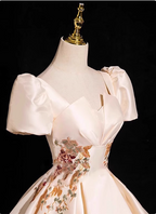 Princess Light Champagne Short-Sleeve Floral Embroidered Ball Gown Prom Dress