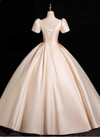 Princess Light Champagne Short-Sleeve Floral Embroidered Ball Gown Prom Dress