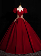 Princess Light Champagne Short-Sleeve Floral Embroidered Ball Gown Prom Dress