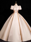 Princess Light Champagne Short-Sleeve Floral Embroidered Ball Gown Prom Dress