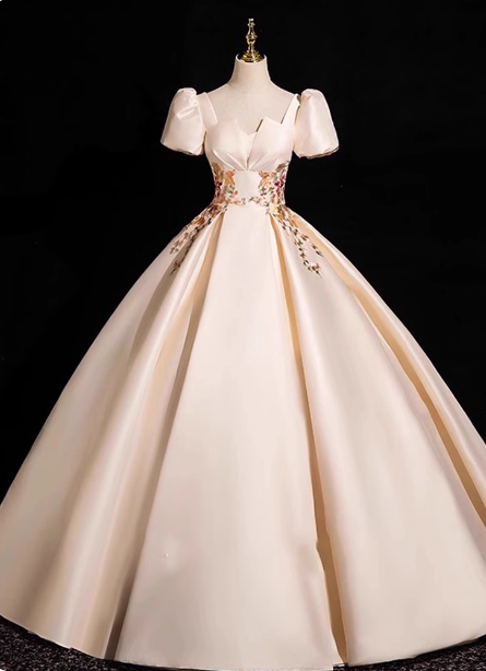 Princess Light Champagne Short-Sleeve Floral Embroidered Ball Gown Prom Dress Main image
