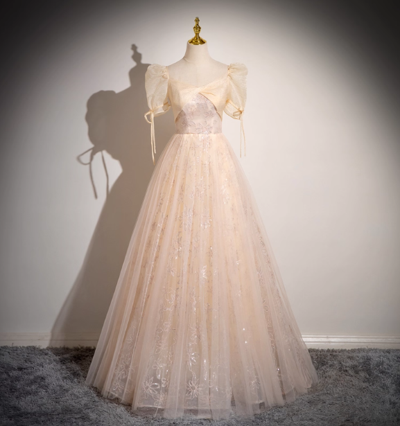 Princess Light Champagne Square Neck Puff Sleeve Bow Tulle Long Ball Gown Prom Dress Sweet 16 Dress Secondary image