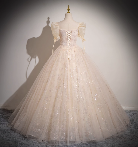 Princess Light Champagne Square Neck Puff Sleeve Bow Tulle Long Ball Gown Prom Dress Sweet 16 Dress