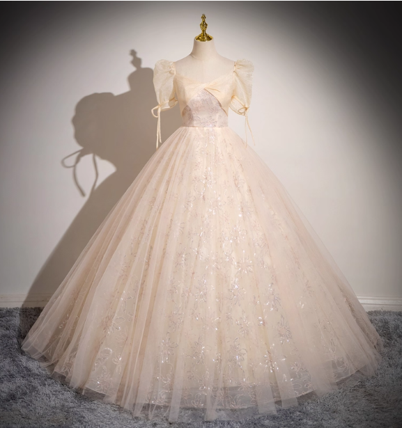 Princess Light Champagne Square Neck Puff Sleeve Bow Tulle Long Ball Gown Prom Dress Sweet 16 Dress Main image