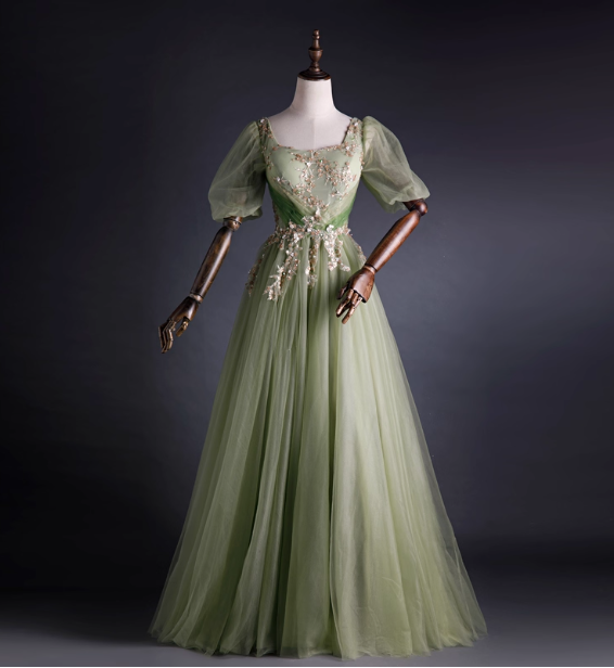 Princess Light Green Square Neck Puff Sleeve Gold Embroidery Tulle Ball Gown Prom Dress Sweet 16 Dress Secondary image