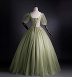 Princess Light Green Square Neck Puff Sleeve Gold Embroidery Tulle Ball Gown Prom Dress Sweet 16 Dress