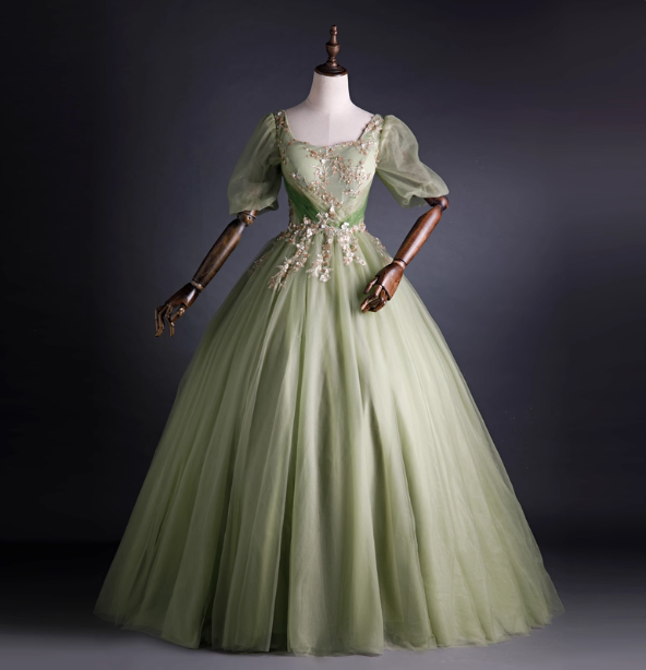 Princess Light Green Square Neck Puff Sleeve Gold Embroidery Tulle Ball Gown Prom Dress Sweet 16 Dress Main image