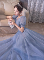 Princess Light Haze Blue Puff Sleeve A-Line Tulle Long Formal Prom Dress