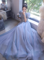 Princess Light Haze Blue Puff Sleeve A-Line Tulle Long Formal Prom Dress