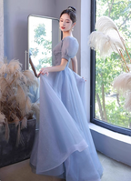 Princess Light Haze Blue Puff Sleeve A-Line Tulle Long Formal Prom Dress