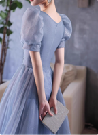 Princess Light Haze Blue Puff Sleeve A-Line Tulle Long Formal Prom Dress