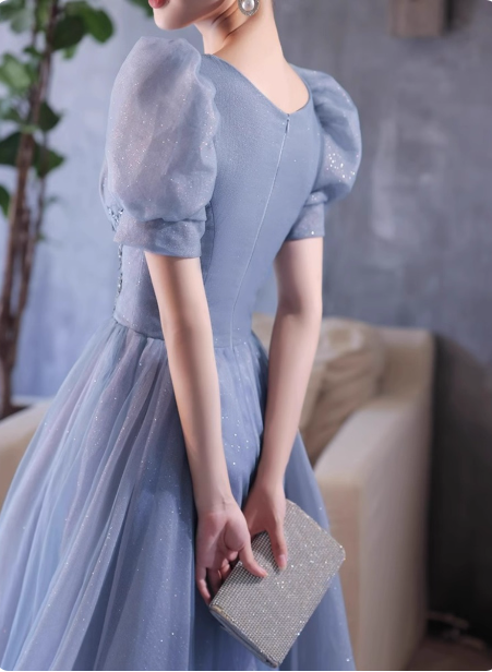 Princess Light Haze Blue Puff Sleeve A-Line Tulle Long Formal Prom Dress