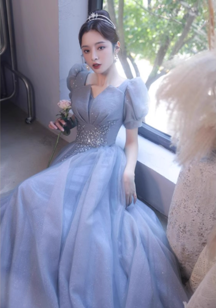 Princess Light Haze Blue Puff Sleeve A-Line Tulle Long Formal Prom Dress Main image