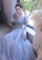 Princess Light Haze Blue Puff Sleeve A-Line Tulle Long Formal Prom Dress