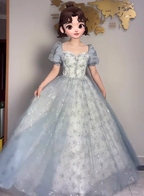 Princess Light Haze Blue Puffed Sleeve Embroidered Sequin Tulle Long Formal Prom Dress
