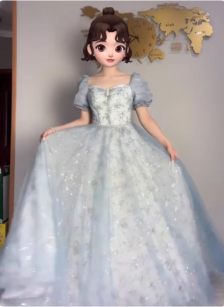 Princess Light Haze Blue Puffed Sleeve Embroidered Sequin Tulle Long Formal Prom Dress