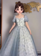 Princess Light Haze Blue Puffed Sleeve Embroidered Sequin Tulle Long Formal Prom Dress