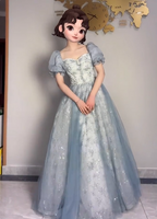 Princess Light Haze Blue Puffed Sleeve Embroidered Sequin Tulle Long Formal Prom Dress