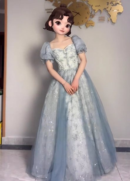 Princess Light Haze Blue Puffed Sleeve Embroidered Sequin Tulle Long Formal Prom Dress