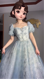 Princess Light Haze Blue Puffed Sleeve Embroidered Sequin Tulle Long Formal Prom Dress