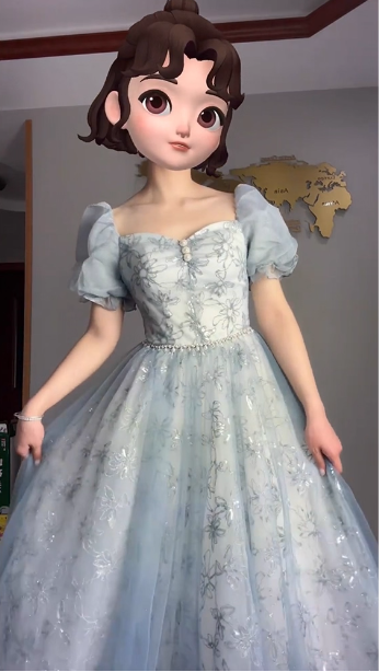Princess Light Haze Blue Puffed Sleeve Embroidered Sequin Tulle Long Formal Prom Dress