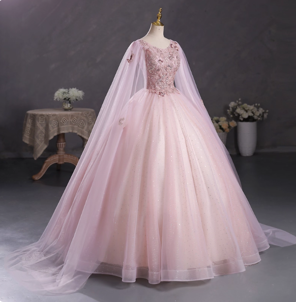 Princess Light Pink Crew Neck Cape Embroidered Tulle Ball Gown Prom Dress Sweet 16 Dress Secondary image