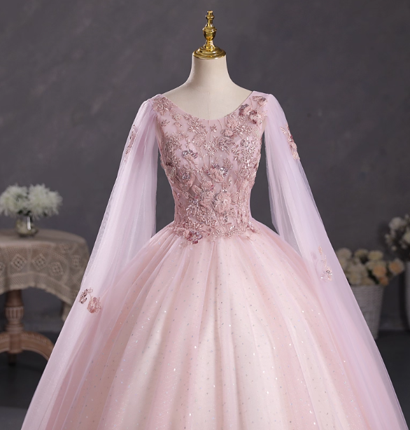 Princess Light Pink Crew Neck Cape Embroidered Tulle Ball Gown Prom Dress Sweet 16 Dress