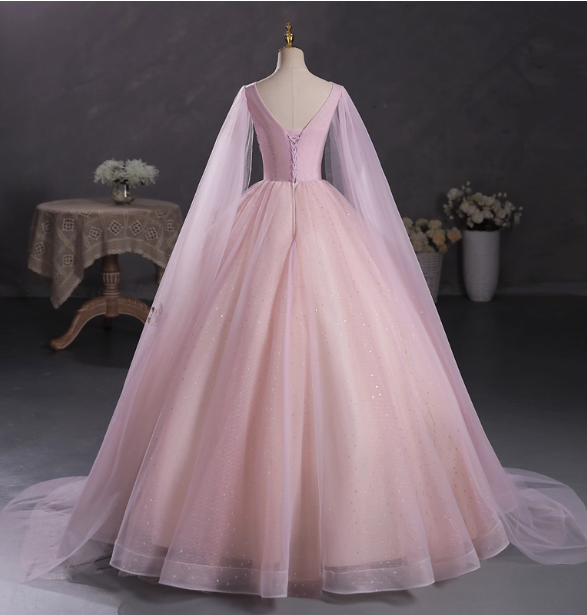 Princess Light Pink Crew Neck Cape Embroidered Tulle Ball Gown Prom Dress Sweet 16 Dress